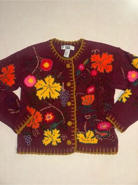 Vintage Embroidered Cardigan Sweater Small S Autumn Fall Pumpkins Grandmacore